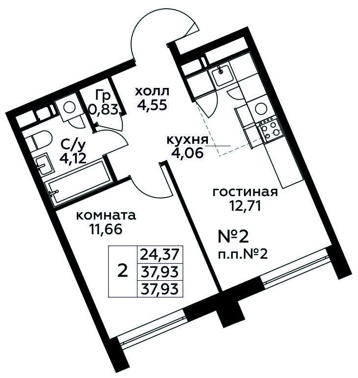 2-комнатная квартира (евро) с полной отделкой, 37.93 м2, 2 этаж, сдача 3 квартал 2024 г., ЖК МелисСад, корпус 1 - объявление 1821606 - фото №1