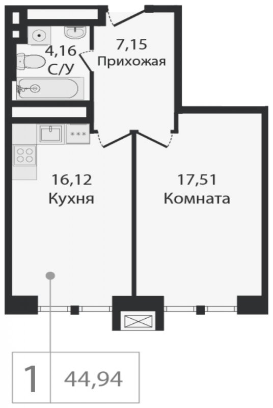1-комнатная квартира без отделки, 44.94 м2, 13 этаж, сдача 2 квартал 2023 г., ЖК Dream Towers, корпус 1 - объявление 1800581 - фото №1