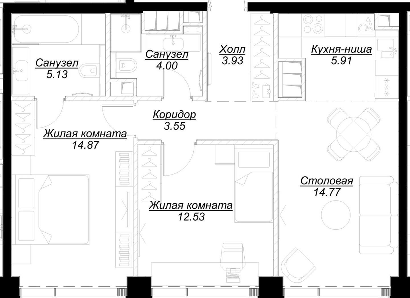 2-комнатная квартира с частичной отделкой, 64.56 м2, 43 этаж, сдача 4 квартал 2024 г., ЖК MOD, корпус Mann - объявление 2191555 - фото №1