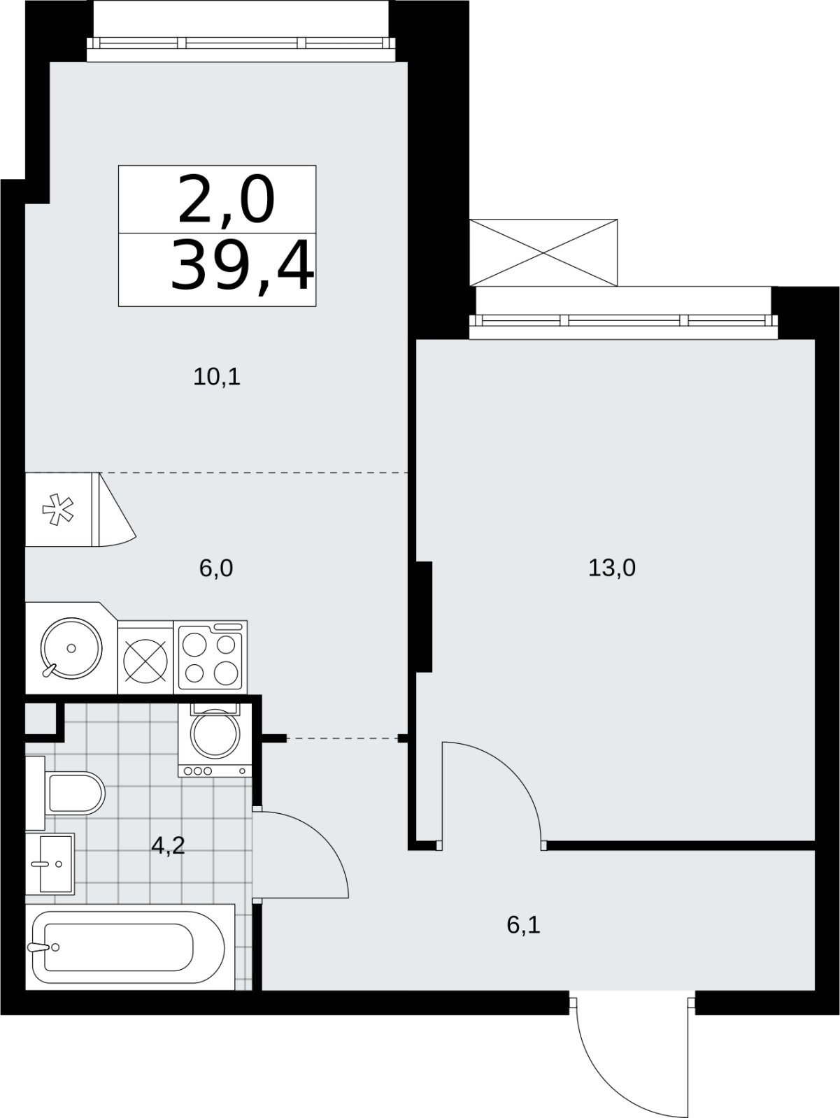 2-комнатная квартира (евро) с частичной отделкой, 39.4 м2, 2 этаж, сдача 2 квартал 2026 г., ЖК Прокшино, корпус 10.1.6 - объявление 2379172 - фото №1