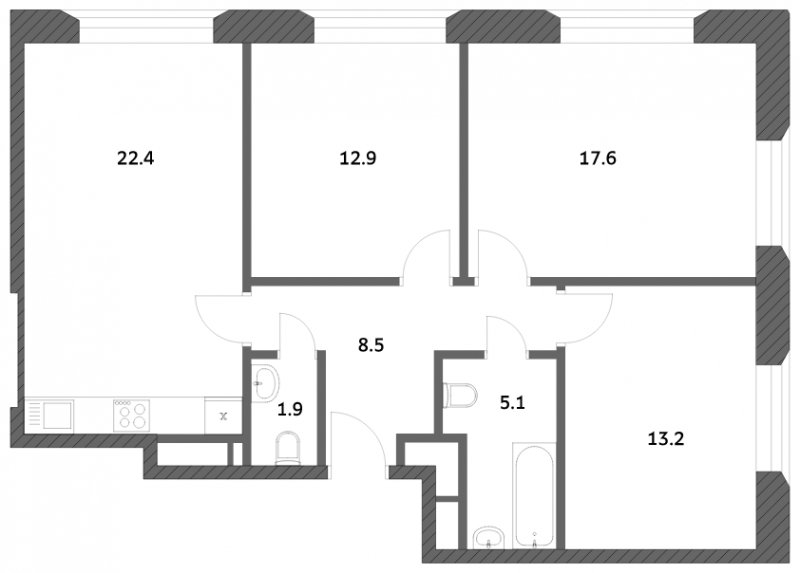 3-комнатная квартира с частичной отделкой, 81.55 м2, 22 этаж, сдача 4 квартал 2023 г., ЖК Городские истории, корпус 3 - объявление 1545133 - фото №1