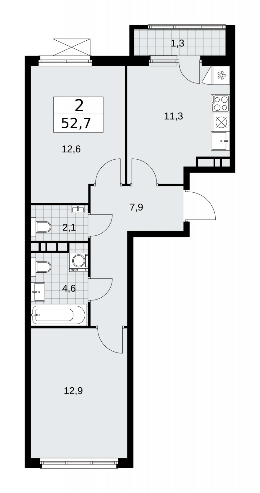 2-комнатная квартира без отделки, 52.7 м2, 6 этаж, сдача 4 квартал 2025 г., ЖК Прокшино, корпус 11.1.4 - объявление 2257530 - фото №1