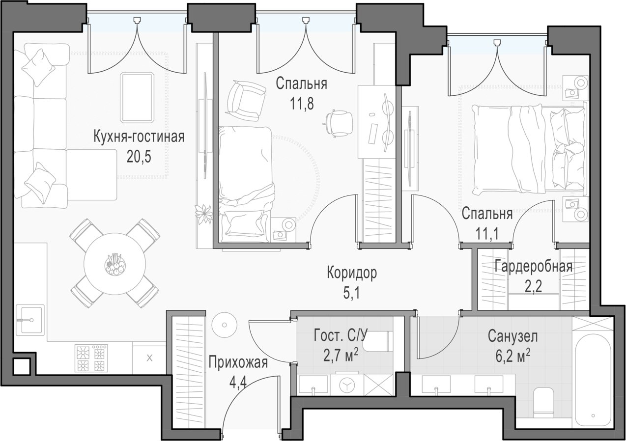 2-комнатная квартира 65.3 м2, 21 этаж, дом сдан, ЖК Дом Достижение, корпус 1 - объявление 2410914 - фото №1