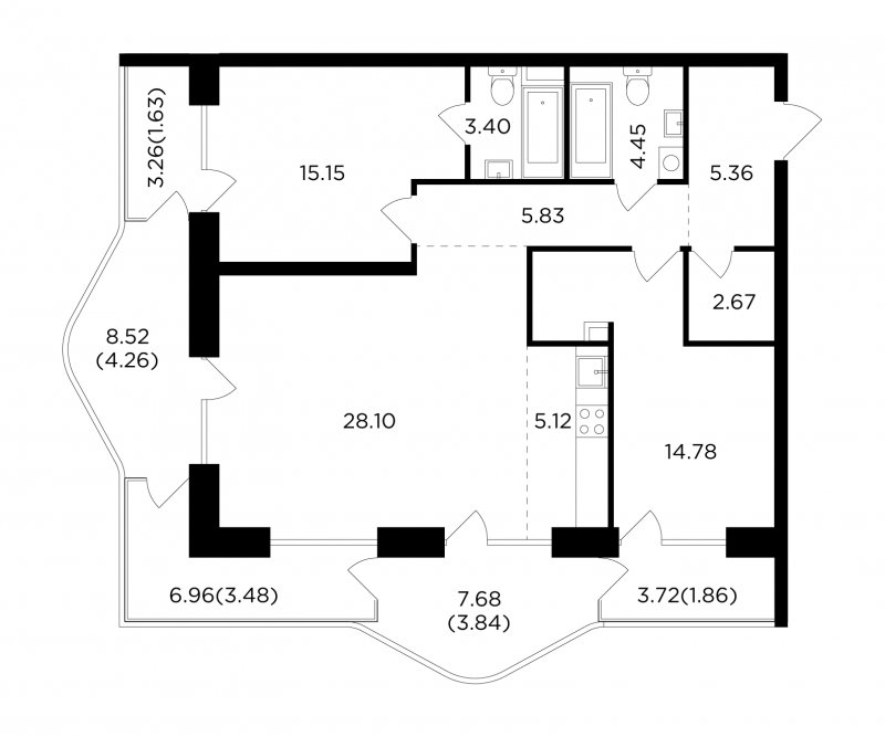 3-комнатная квартира без отделки, 99.93 м2, 15 этаж, сдача 4 квартал 2023 г., ЖК FORIVER, корпус 4 - объявление 1617587 - фото №1