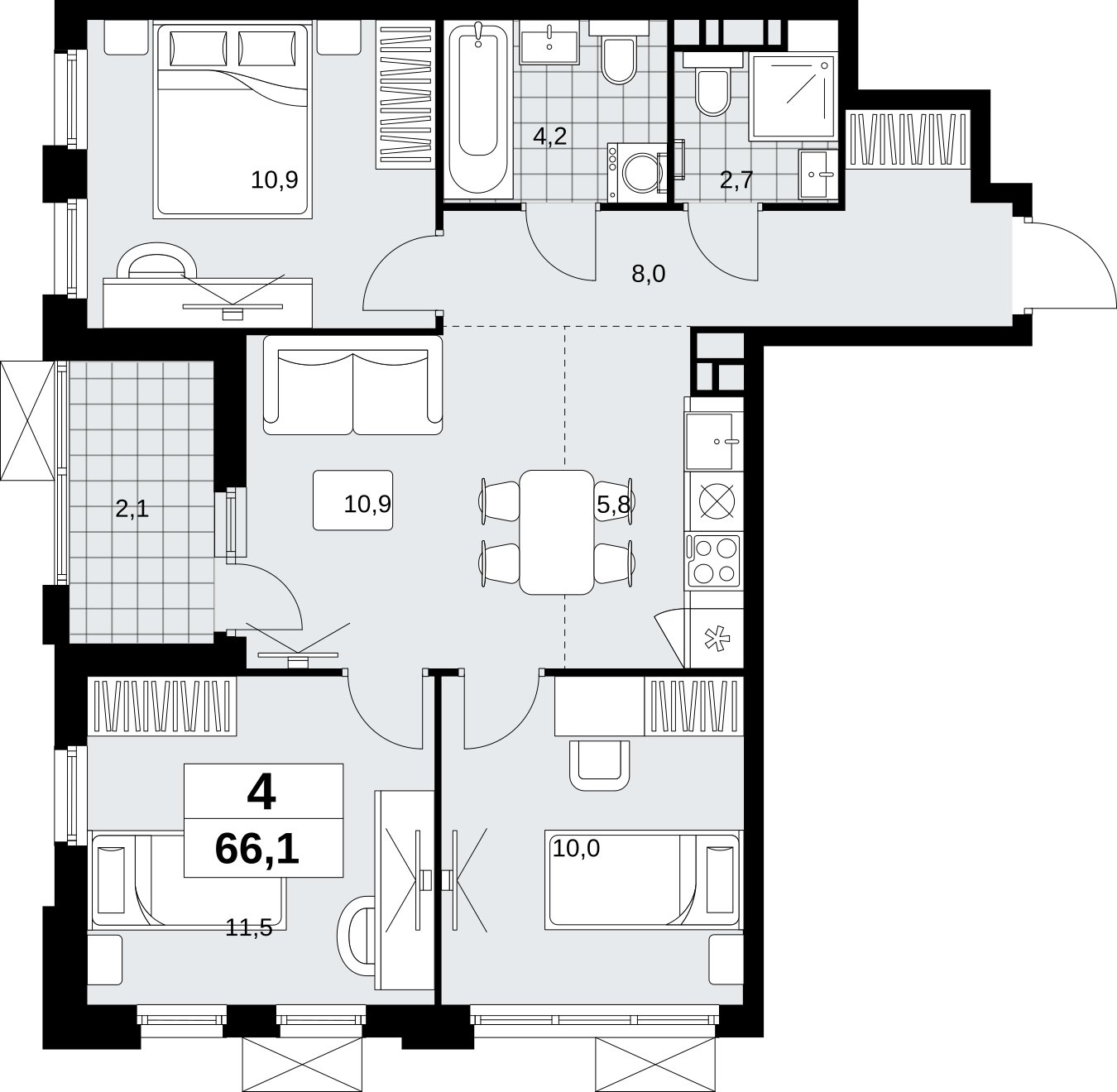 4-комнатная квартира (евро) без отделки, 66.1 м2, 15 этаж, сдача 4 квартал 2026 г., ЖК Скандинавия, корпус 2.18.2.6 - объявление 2351834 - фото №1