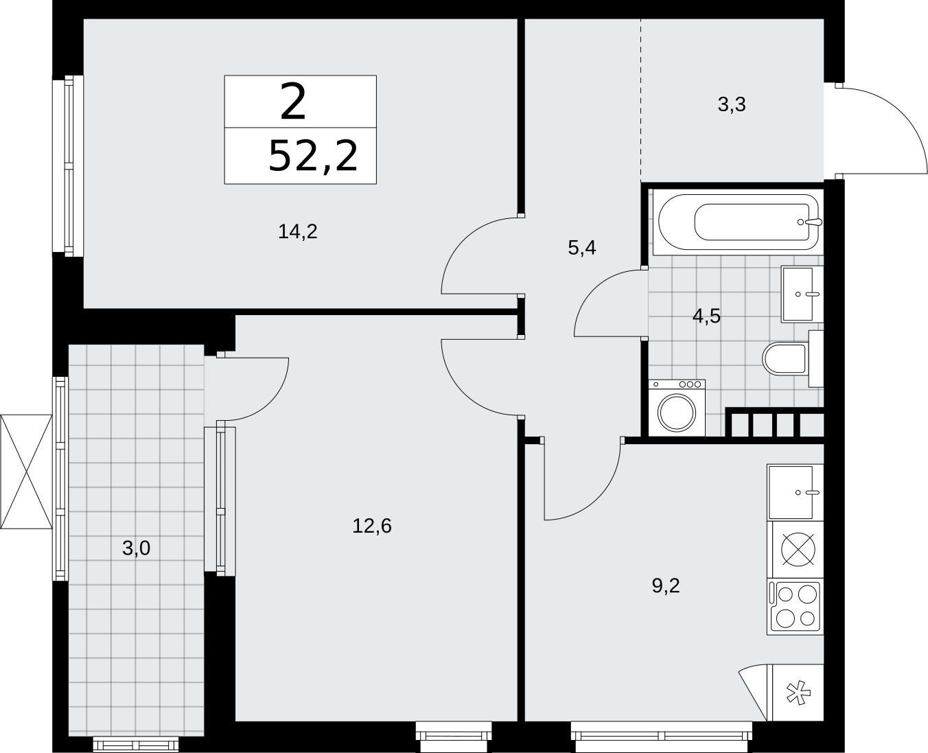 2-комнатная квартира без отделки, 52.2 м2, 4 этаж, сдача 2 квартал 2026 г., ЖК Бунинские кварталы, корпус 5.3 - объявление 2297518 - фото №1