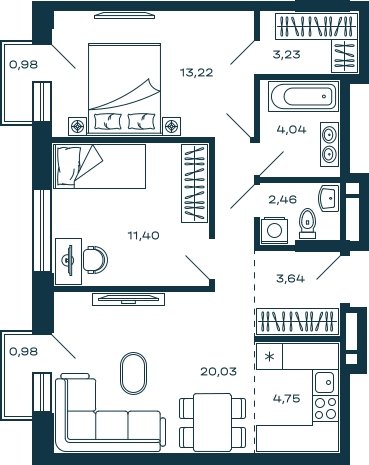 2-комнатная квартира без отделки, 63.35 м2, 7 этаж, сдача 3 квартал 2025 г., ЖК М_5, корпус 2 - объявление 2022007 - фото №1