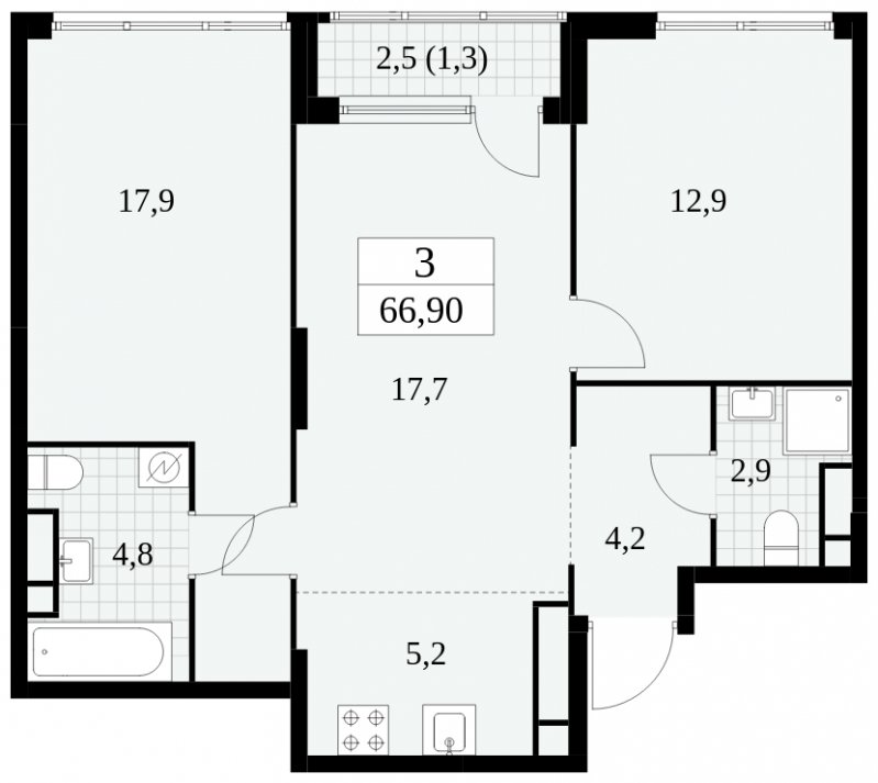 3-комнатная квартира (евро) без отделки, 66.9 м2, 27 этаж, сдача 2 квартал 2025 г., ЖК Южные сады, корпус 2.4 - объявление 1760408 - фото №1