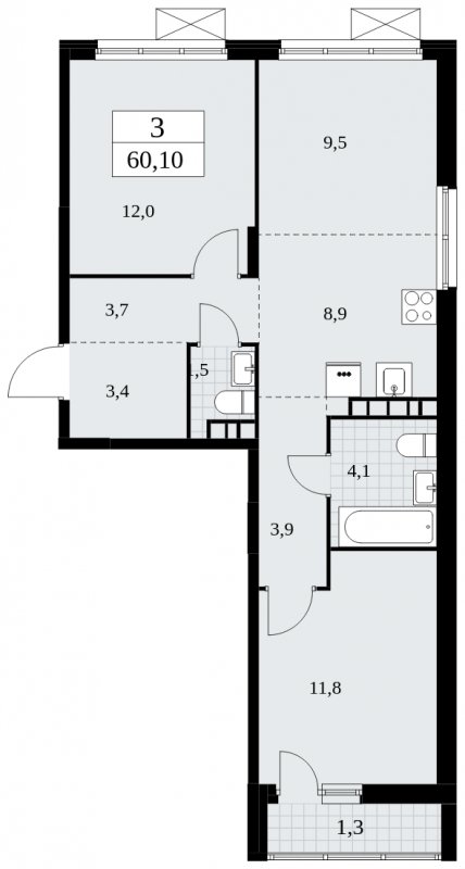 3-комнатная квартира (евро) без отделки, 60.1 м2, 9 этаж, сдача 4 квартал 2024 г., ЖК Скандинавия, корпус 35.2.1 - объявление 1840879 - фото №1