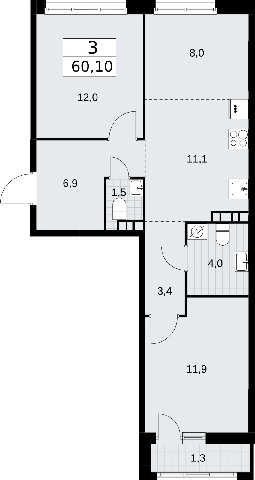 3-комнатная квартира (евро) с полной отделкой, 60.1 м2, 5 этаж, сдача 4 квартал 2026 г., ЖК Родные кварталы, корпус 3.3 - объявление 2378616 - фото №1