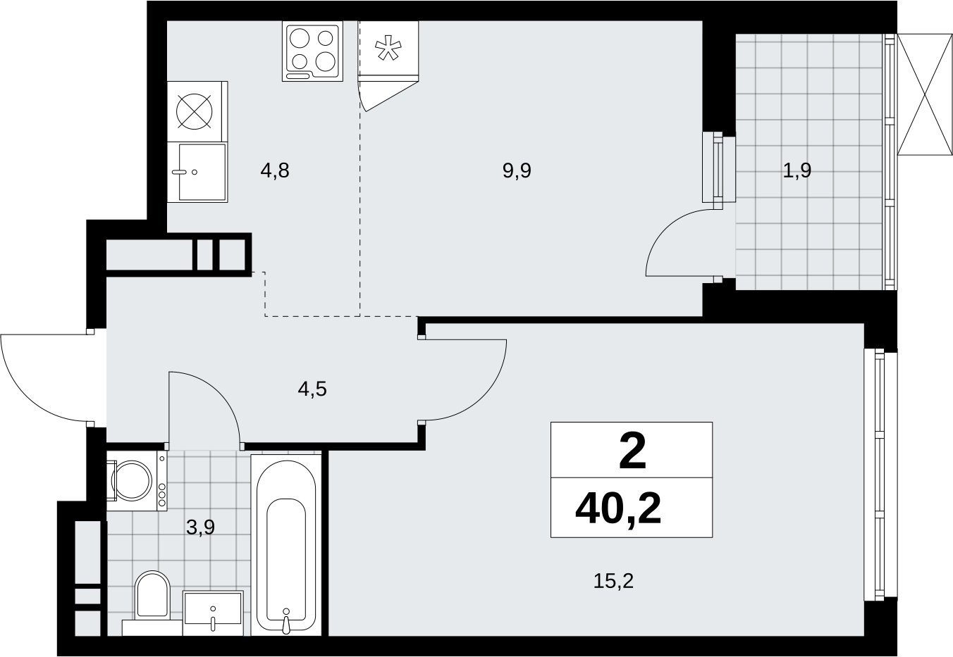 2-комнатная квартира (евро) без отделки, 40.2 м2, 11 этаж, сдача 4 квартал 2026 г., ЖК Скандинавия, корпус 2.18.1.2 - объявление 2350711 - фото №1