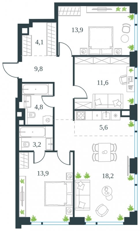 4-комнатная квартира без отделки, 85.1 м2, 32 этаж, сдача 4 квартал 2024 г., ЖК Level Мичуринский, корпус 4 - объявление 1697244 - фото №1
