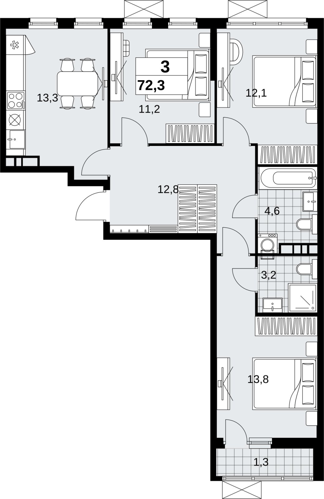 3-комнатная квартира с полной отделкой, 72.3 м2, 4 этаж, сдача 1 квартал 2027 г., ЖК Скандинавия, корпус 2.18.2.2 - объявление 2351183 - фото №1