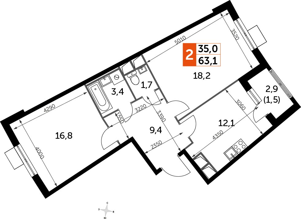 2-комнатная квартира без отделки, 63.2 м2, 8 этаж, дом сдан, ЖК UP-квартал Римский, корпус 7 - объявление 2353973 - фото №1