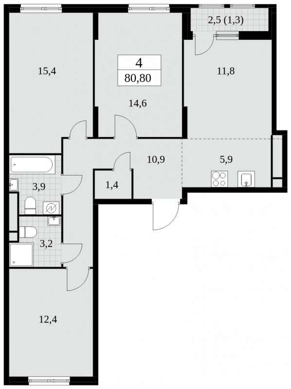 4-комнатная квартира (евро) без отделки, 80.8 м2, 4 этаж, сдача 2 квартал 2025 г., ЖК Южные сады, корпус 2.3 - объявление 1758048 - фото №1