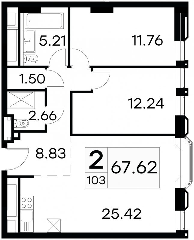 2-комнатные апартаменты с частичной отделкой, 67.62 м2, 10 этаж, сдача 3 квартал 2024 г., ЖК GloraX Aura Белорусская, корпус 1 - объявление 1708619 - фото №1