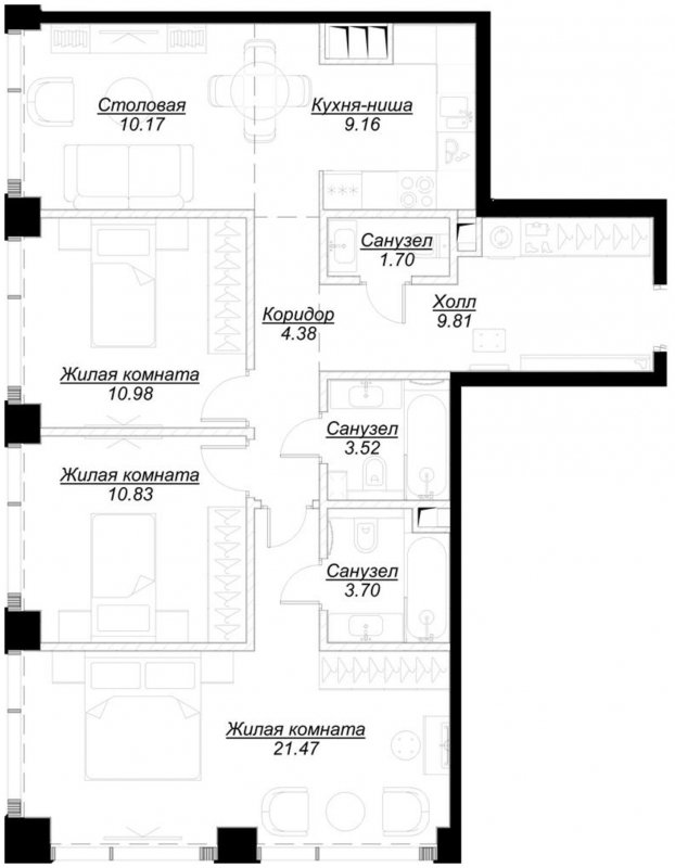 3-комнатная квартира с частичной отделкой, 85.72 м2, 42 этаж, сдача 4 квартал 2024 г., ЖК MOD, корпус Mod.D - объявление 1788526 - фото №1