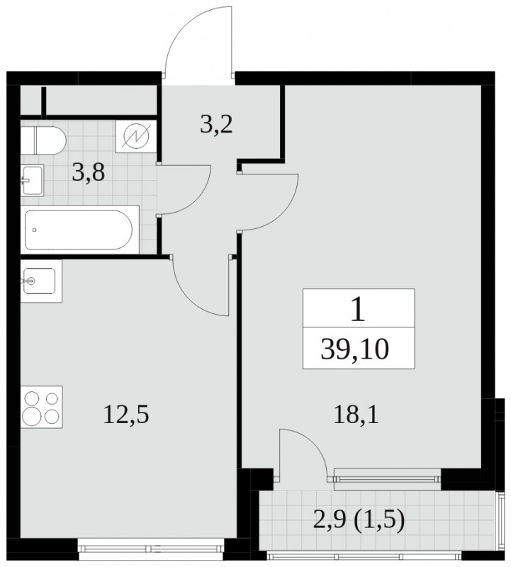 1-комнатная квартира без отделки, 39.1 м2, 28 этаж, сдача 2 квартал 2025 г., ЖК Южные сады, корпус 2.3 - объявление 1758414 - фото №1
