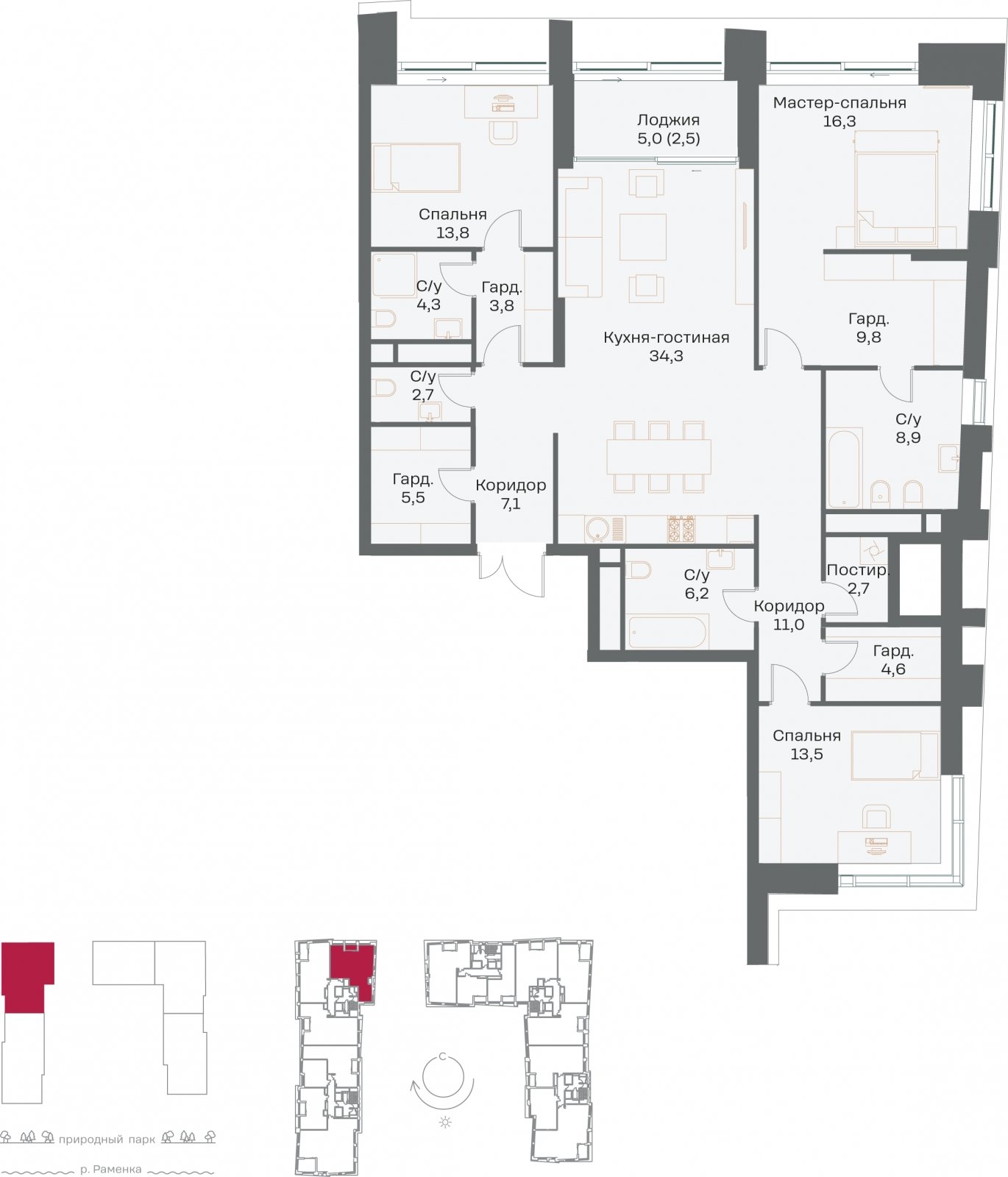 3-комнатная квартира без отделки, 147 м2, 3 этаж, сдача 4 квартал 2026 г., ЖК РЕКА, корпус 3 - объявление 2342414 - фото №1