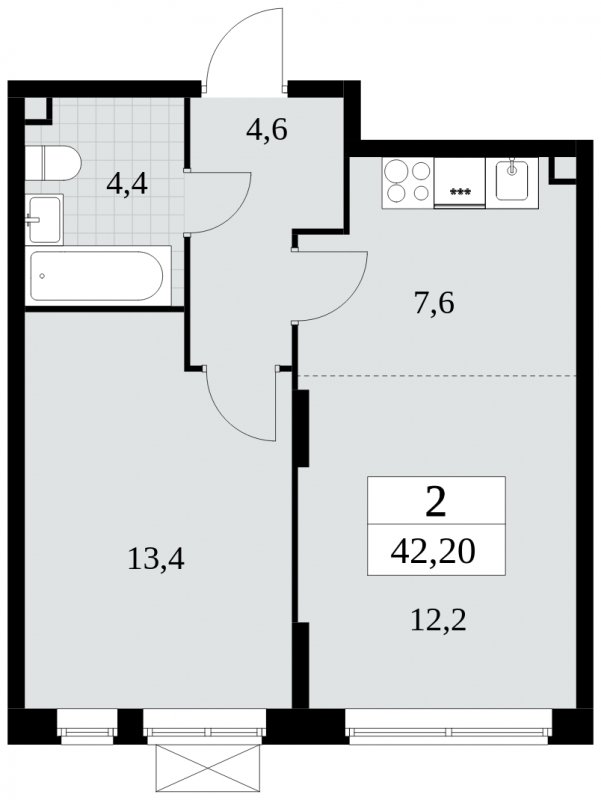 2-комнатная квартира (евро) с частичной отделкой, 42.2 м2, 2 этаж, сдача 3 квартал 2024 г., ЖК Прокшино, корпус 8.2 - объявление 1683809 - фото №1