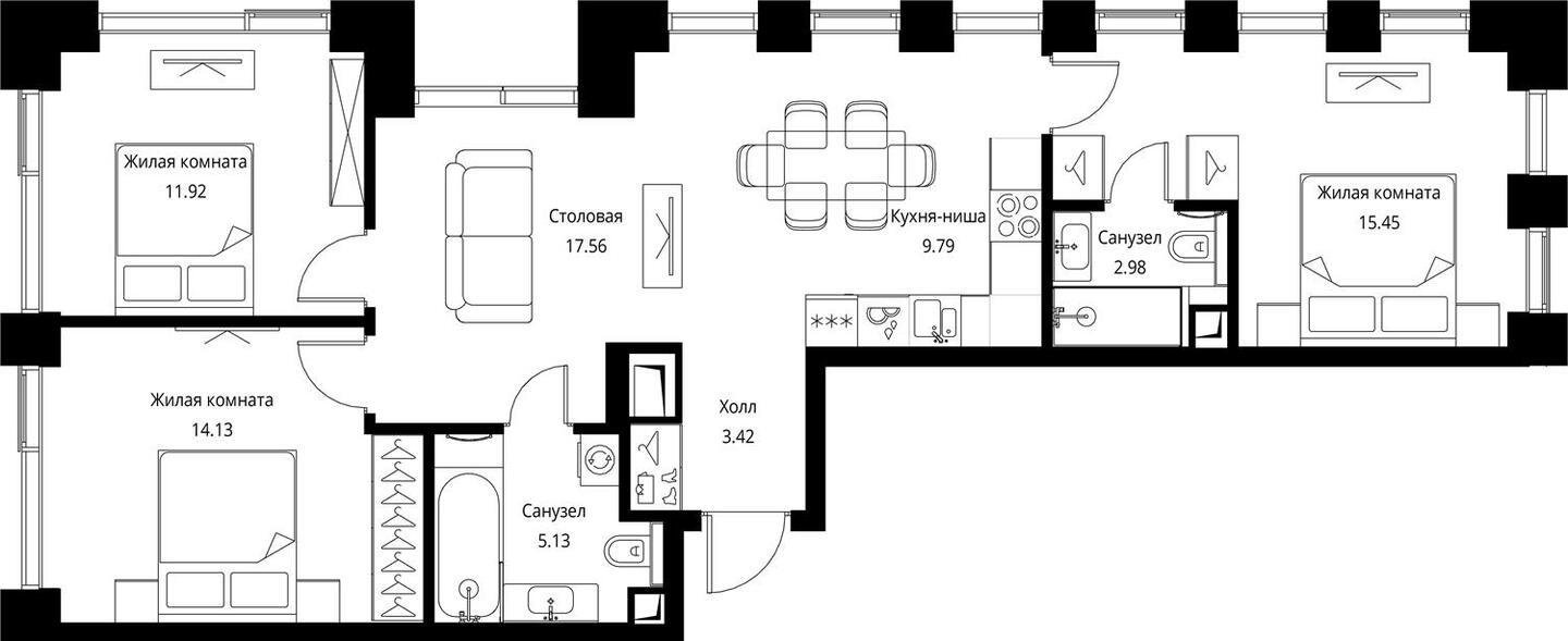 3-комнатная квартира с частичной отделкой, 80.38 м2, 14 этаж, сдача 3 квартал 2026 г., ЖК City Bay, корпус North Ocean 7 - объявление 2240652 - фото №1