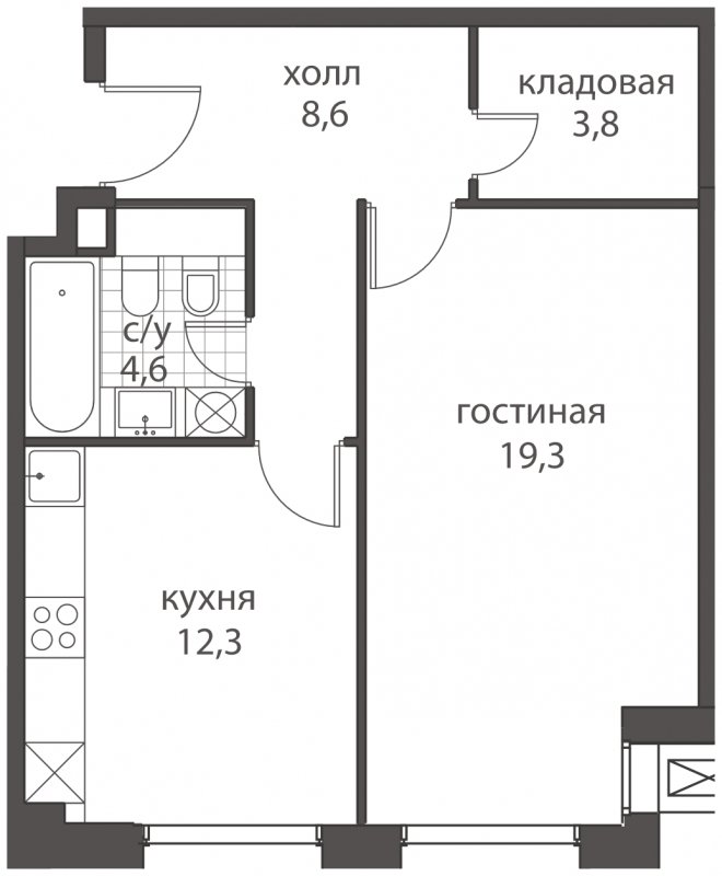 1-комнатная квартира без отделки, 48.6 м2, 1 этаж, дом сдан, ЖК HomeCity, корпус 1 - объявление 1762611 - фото №1