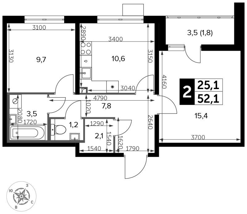 2-комнатная квартира с частичной отделкой, 52.1 м2, 4 этаж, сдача 3 квартал 2023 г., ЖК Южная Битца, корпус 11 - объявление 1771698 - фото №1