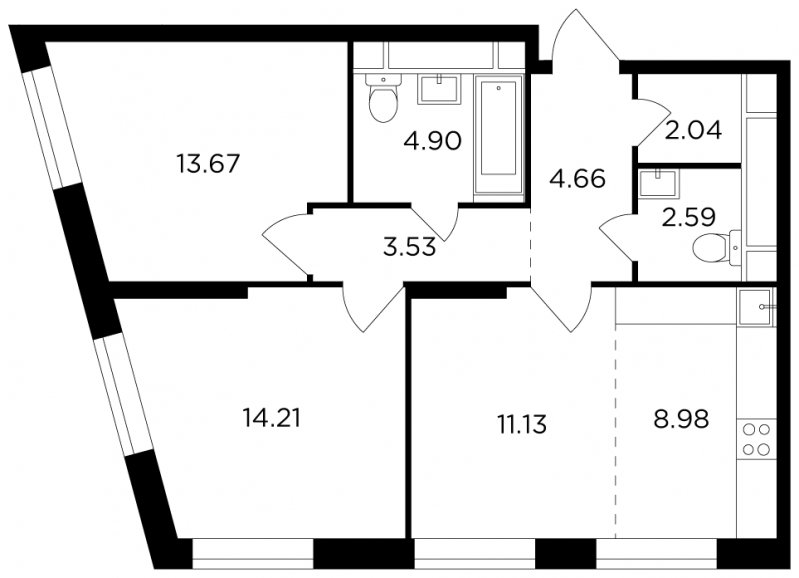 3-комнатная квартира без отделки, 65.71 м2, 16 этаж, сдача 2 квартал 2022 г., ЖК КутузовGRAD 2, корпус 6 - объявление 1658702 - фото №1