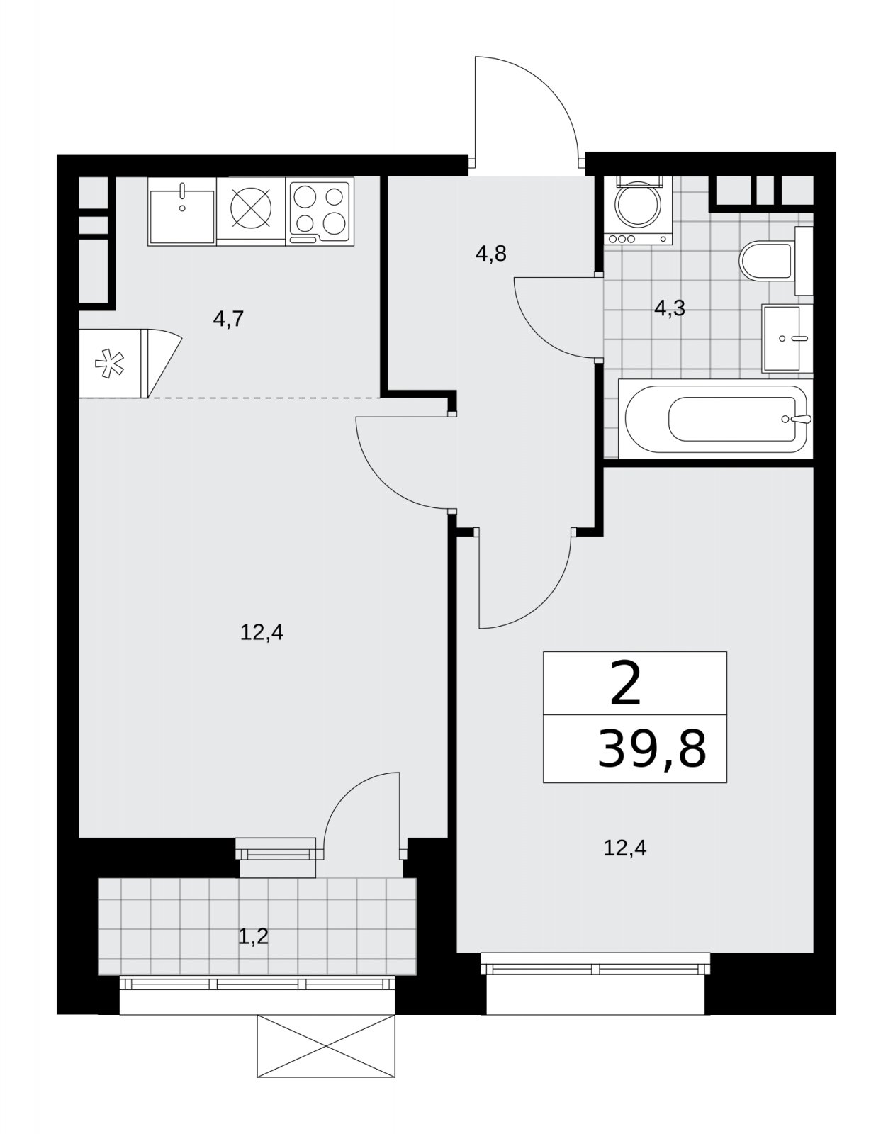 2-комнатная квартира (евро) без отделки, 39.8 м2, 8 этаж, сдача 4 квартал 2025 г., ЖК Бунинские кварталы, корпус 6.4 - объявление 2252742 - фото №1