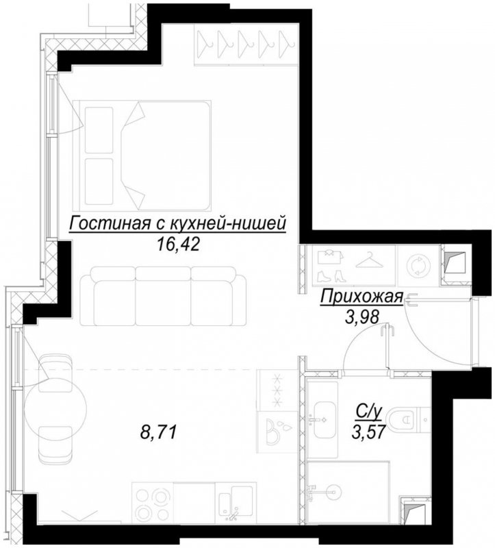 1-комнатная квартира с частичной отделкой, 32.7 м2, 31 этаж, сдача 1 квартал 2023 г., ЖК Hide, корпус RiverSide - объявление 1707034 - фото №1
