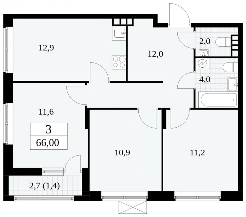 3-комнатная квартира с частичной отделкой, 66 м2, 4 этаж, сдача 2 квартал 2025 г., ЖК Прокшино, корпус 5.2.6 - объявление 1901018 - фото №1