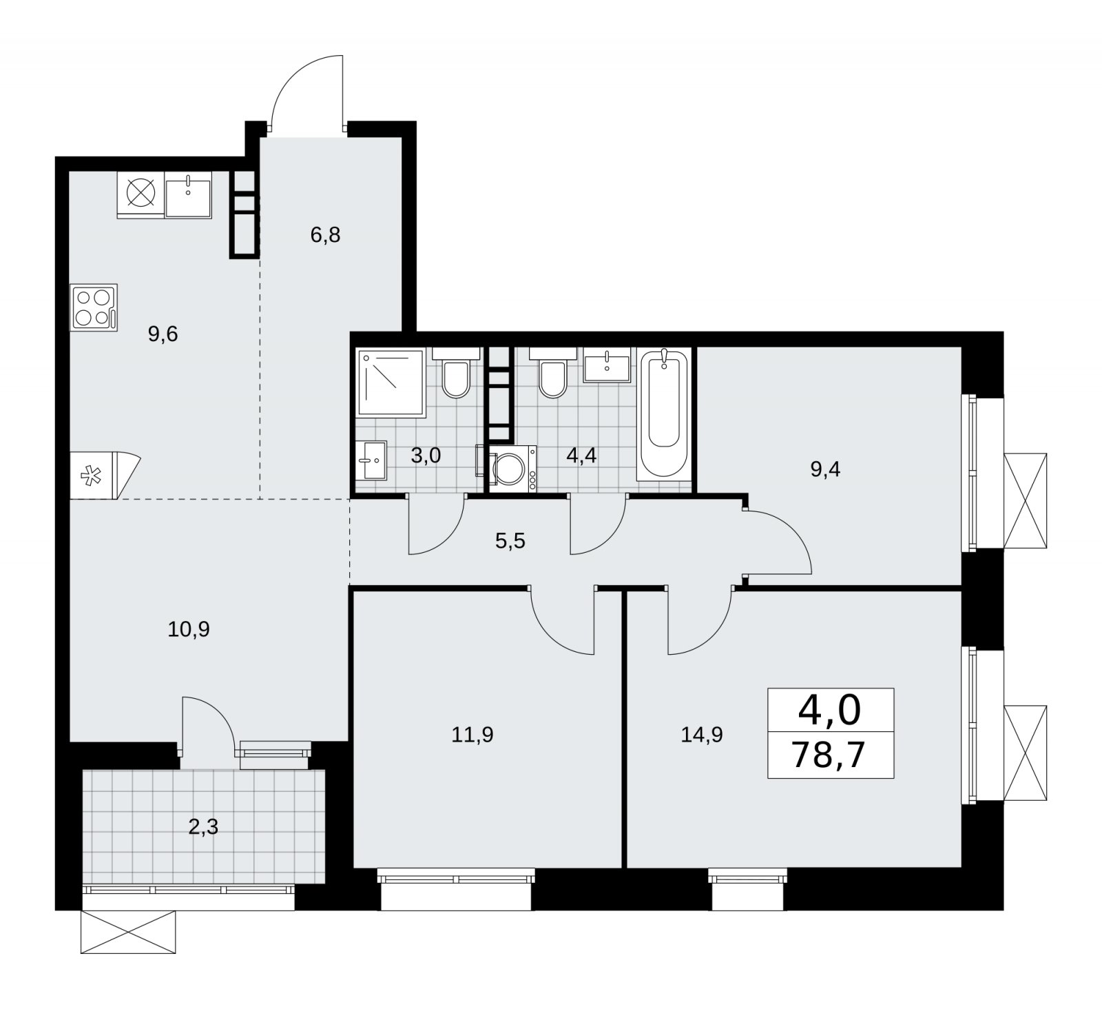 4-комнатная квартира (евро) с частичной отделкой, 78.7 м2, 19 этаж, сдача 1 квартал 2026 г., ЖК Бунинские кварталы, корпус 6.1 - объявление 2252511 - фото №1