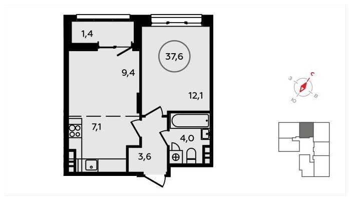 2-комнатная квартира (евро) без отделки, 37.6 м2, 7 этаж, сдача 3 квартал 2024 г., ЖК Скандинавия, корпус 22.2 - объявление 1625491 - фото №1