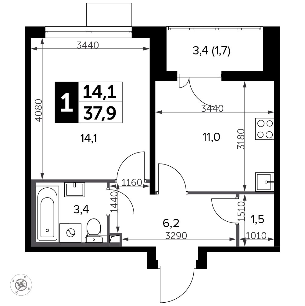 1-комнатная квартира без отделки, 38.5 м2, 16 этаж, дом сдан, ЖК Южная Битца, корпус 12 - объявление 2401710 - фото №1