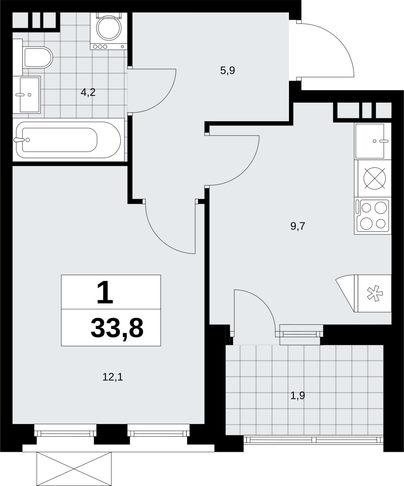 1-комнатная квартира без отделки, 33.8 м2, 10 этаж, сдача 4 квартал 2026 г., ЖК Скандинавия, корпус 2.18.1.3 - объявление 2350827 - фото №1