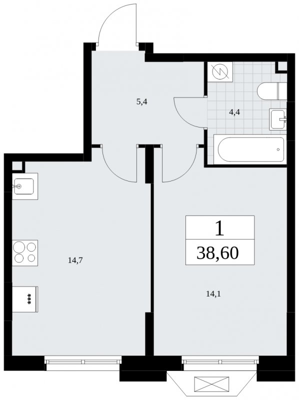 1-комнатная квартира без отделки, 38.6 м2, 2 этаж, сдача 4 квартал 2024 г., ЖК Бунинские кварталы, корпус 1.3 - объявление 1834562 - фото №1