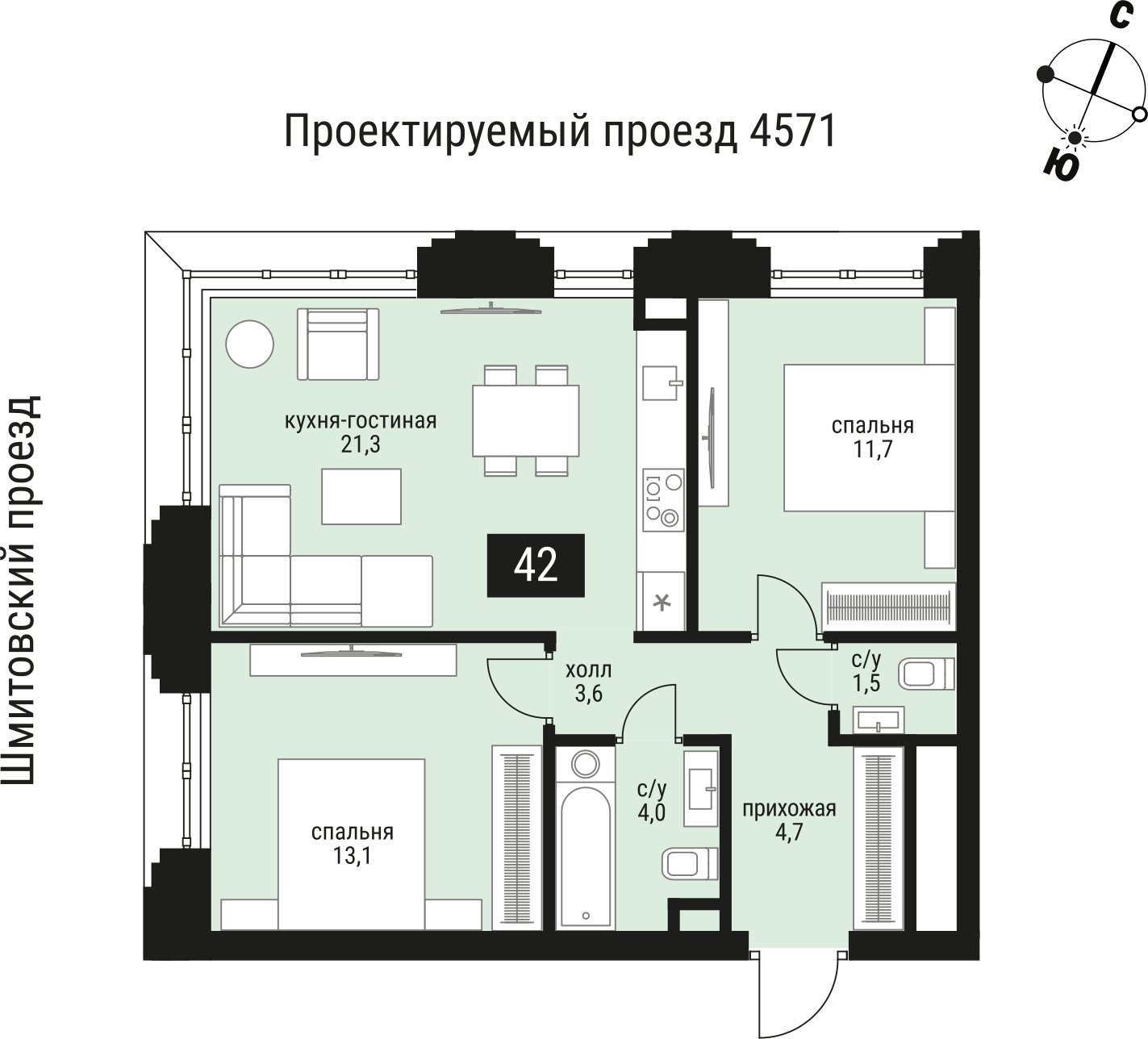 2-комнатная квартира без отделки, 62.2 м2, 6 этаж, сдача 2 квартал 2026 г., ЖК Шелепиха, корпус 1 - объявление 2383594 - фото №1