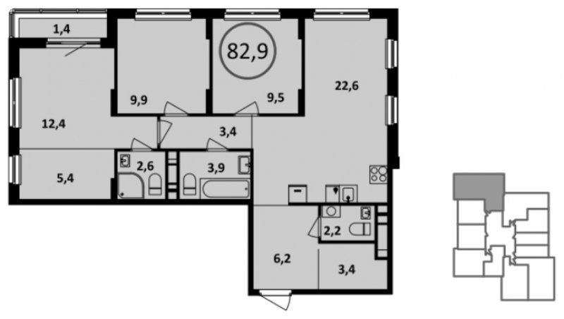 3-комнатная квартира с частичной отделкой, 83.5 м2, 15 этаж, дом сдан, ЖК Испанские кварталы, корпус 6.3 - объявление 1886173 - фото №1