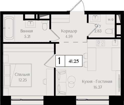 1-комнатная квартира без отделки, 41.25 м2, 9 этаж, сдача 3 квартал 2025 г., ЖК Преображенская площадь, корпус 3 - объявление 2404288 - фото №1
