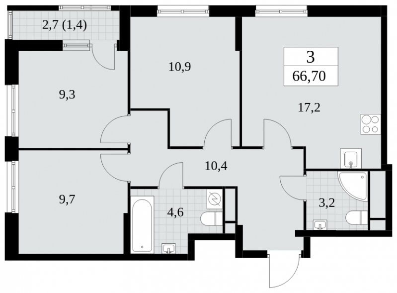 3-комнатная квартира с полной отделкой, 66.7 м2, 7 этаж, сдача 2 квартал 2025 г., ЖК Южные сады, корпус 2.1 - объявление 1760121 - фото №1