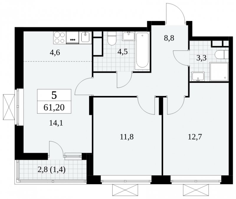 3-комнатная квартира (евро) без отделки, 61.2 м2, 6 этаж, сдача 3 квартал 2024 г., ЖК Прокшино, корпус 8.4 - объявление 1684022 - фото №1