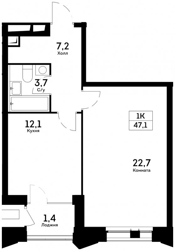 1-комнатная квартира 47.1 м2, 17 этаж, сдача 4 квартал 2022 г., ЖК Квартал на набережной NOW, корпус 1.3 - объявление 1753372 - фото №1