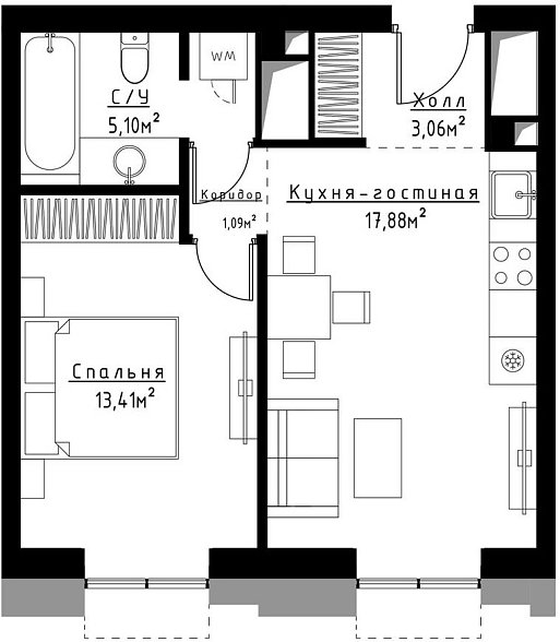 1-комнатная квартира с частичной отделкой, 41.1 м2, 17 этаж, сдача 3 квартал 2023 г., ЖК Метрополия, корпус Venice - объявление 2022584 - фото №1
