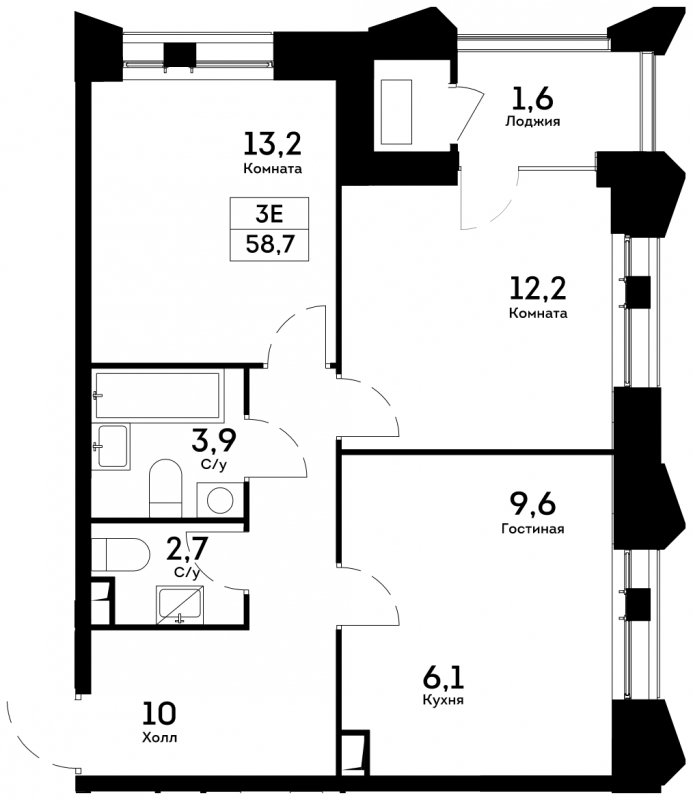 3-комнатная квартира 58.7 м2, 6 этаж, сдача 4 квартал 2022 г., ЖК Квартал на набережной NOW, корпус 1.3 - объявление 1712966 - фото №1