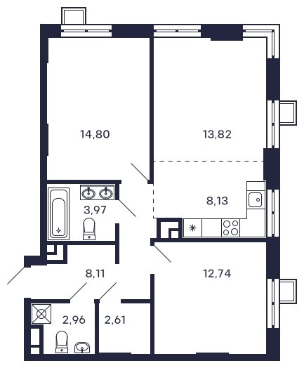 2-комнатная квартира без отделки, 67.14 м2, 7 этаж, сдача 2 квартал 2025 г., ЖК Квартал Тетрис, корпус "Квартал Тетрис 2.1" - объявление 2001707 - фото №1