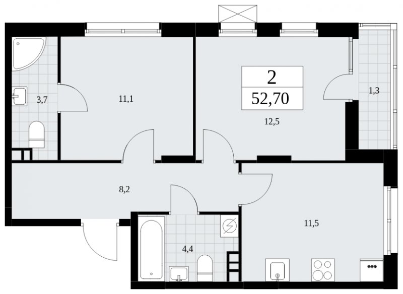 2-комнатная квартира без отделки, 52.7 м2, 3 этаж, сдача 1 квартал 2025 г., ЖК Дзен-кварталы, корпус 1.4 - объявление 1896071 - фото №1