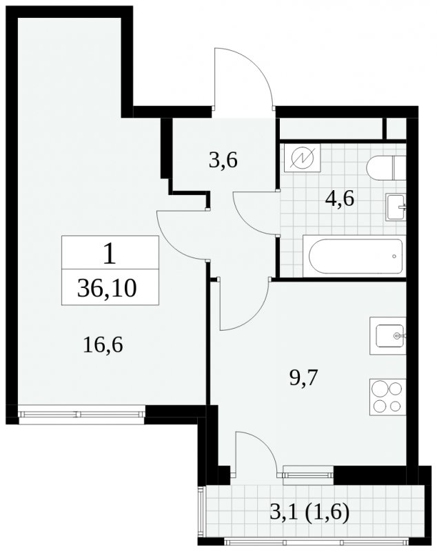 1-комнатная квартира без отделки, 36.1 м2, 16 этаж, сдача 2 квартал 2025 г., ЖК Южные сады, корпус 2.3 - объявление 1758114 - фото №1