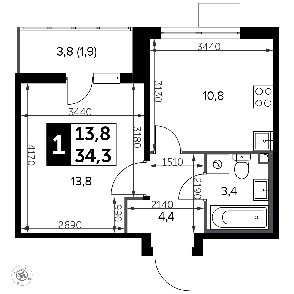 1-комнатная квартира с полной отделкой, 34.3 м2, 8 этаж, сдача 3 квартал 2023 г., ЖК Южная Битца, корпус 12 - объявление 2208215 - фото №1
