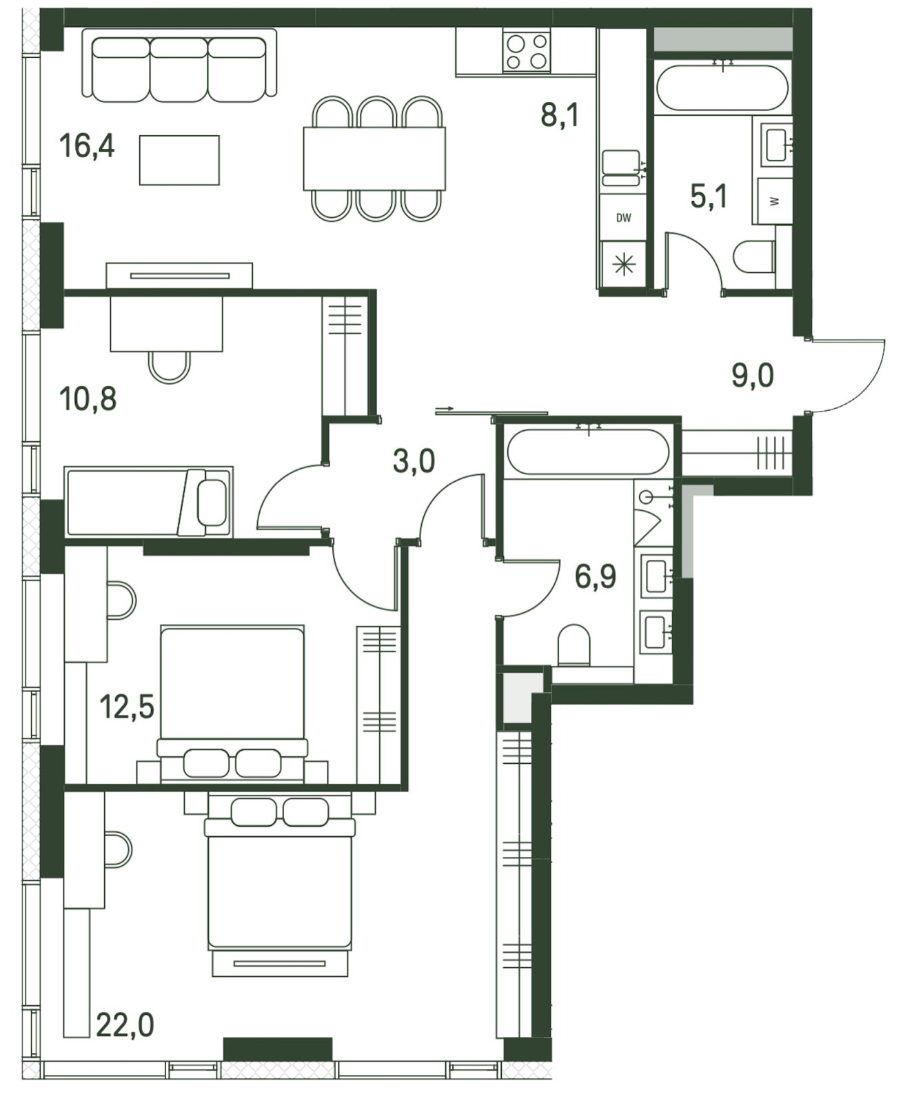 4-комнатная квартира (евро) с частичной отделкой, 93.8 м2, 20 этаж, сдача 1 квартал 2027 г., ЖК Moments, корпус 2.1 - объявление 2267460 - фото №1