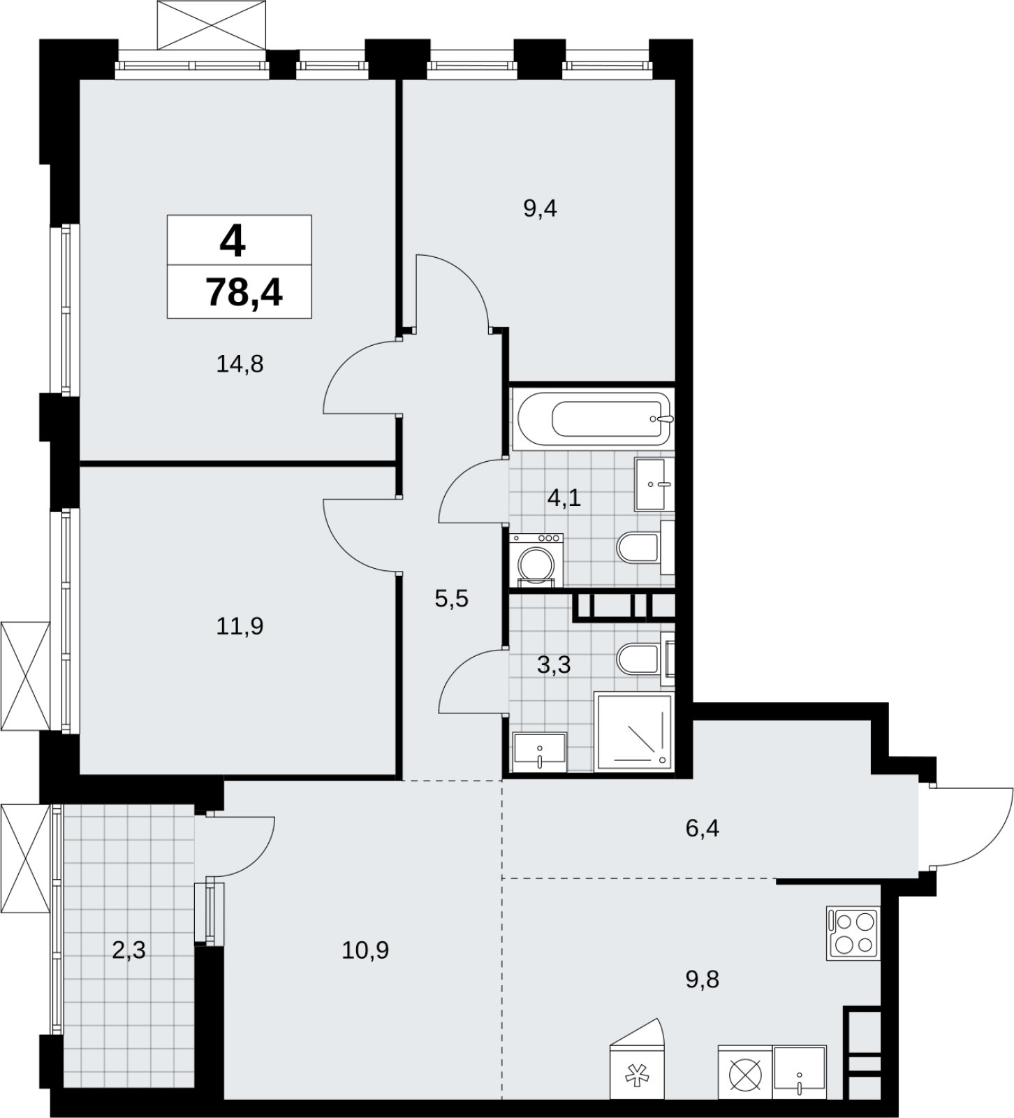 4-комнатная квартира (евро) без отделки, 78.4 м2, 16 этаж, сдача 4 квартал 2026 г., ЖК Скандинавия, корпус 2.18.1.3 - объявление 2350890 - фото №1